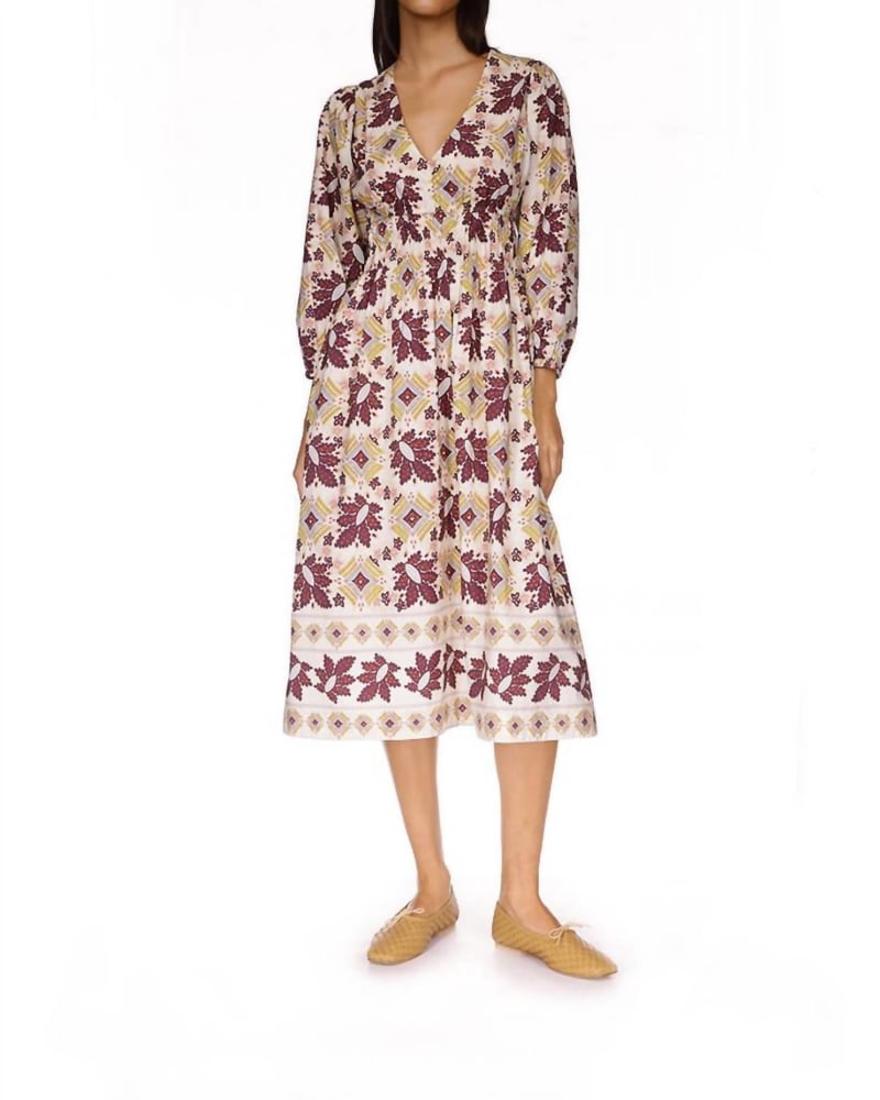 Front of a model wearing a size L Ginger Dress in Retro Floral Turtledove in Retro Floral Turtledove by Cara Cara. | dia_product_style_image_id:343746